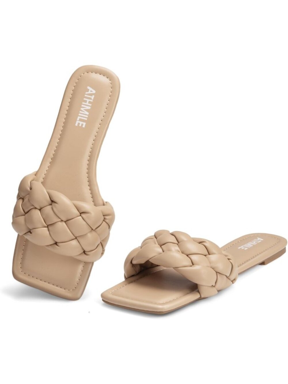 Women's Nude Leather Causal Slip on Square Open Toe Fashion Slide Flat Sandals